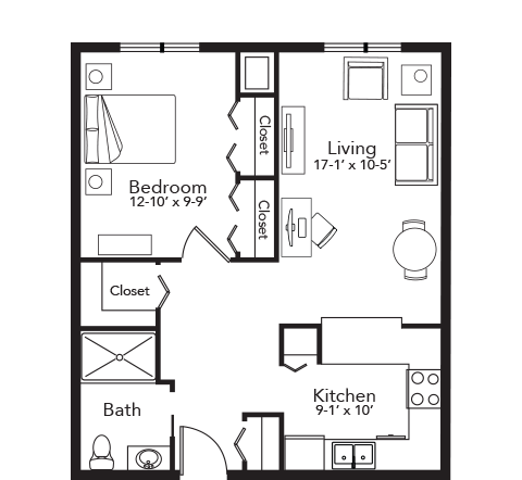 Floor Plan 1 Bedroom 600 sqft