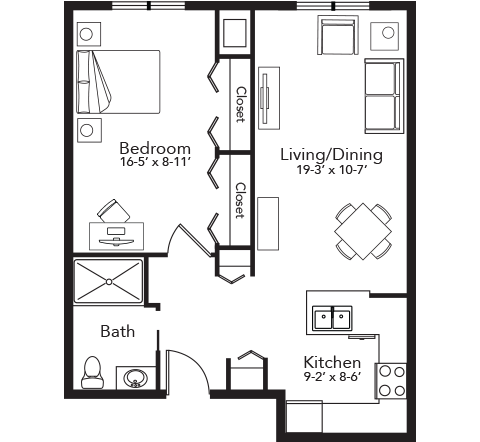 Floor Plan 1 Bedroom 675 sqft