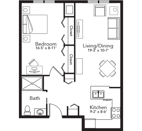 Floor Plan 1 Bedroom 675 sqft