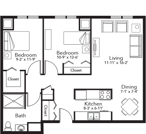 Floor Plan 2 Bedroom 840 sqft